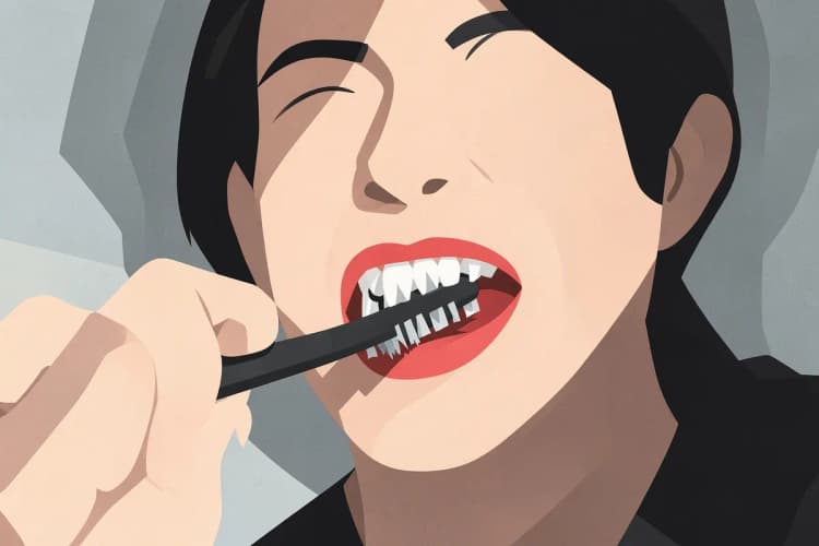 Uma pessoa escovando os dentes com muita força, com cerdas de escova de dentes desgastadas e gengiva vermelha.