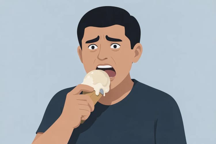 Uma pessoa comendo um sorvete e reagindo com dor a uma sensibilidade repentina no dente.