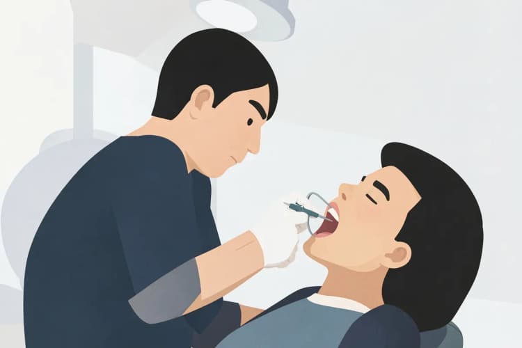 Um dentista examinando a boca de um paciente com um espelho dental e uma sonda.