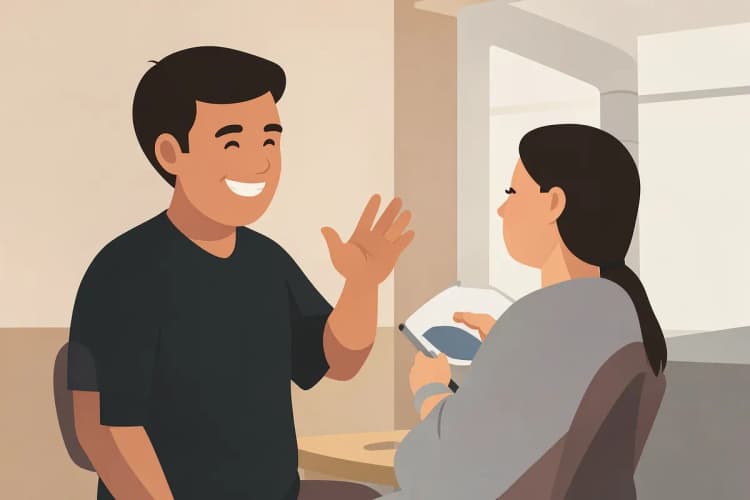 Um dentista sorrindo e acenando para um paciente em uma clínica odontológica moderna.
