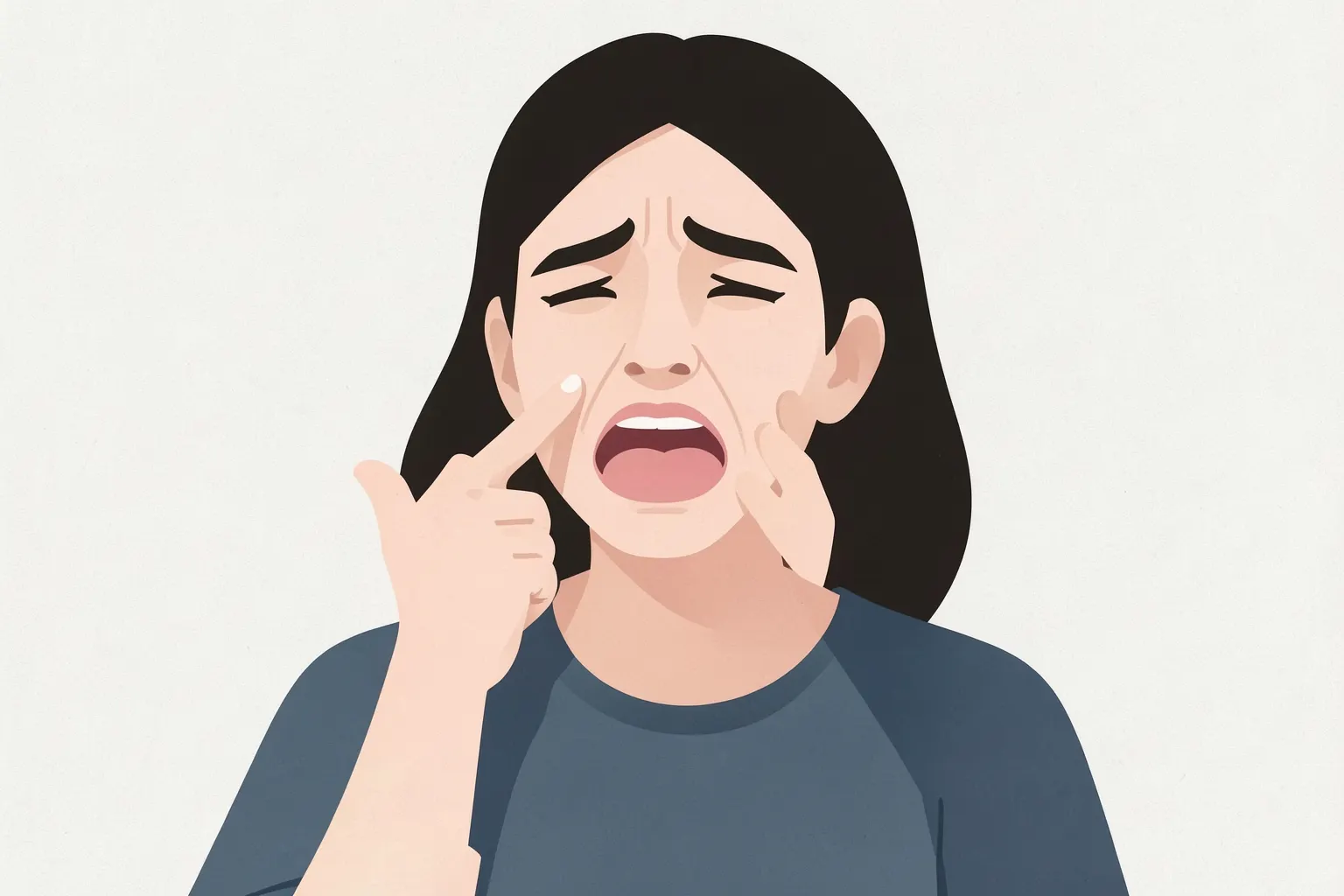 Mulher com dor de dente, segurando a bochecha com uma mão e apontando para o dente com a outra, com expressão de dor.