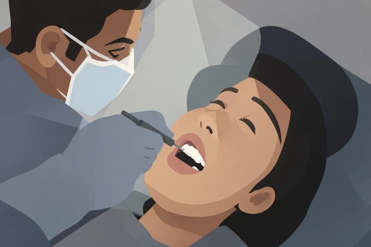 Um dentista examinando a boca de um paciente com um espelho dental