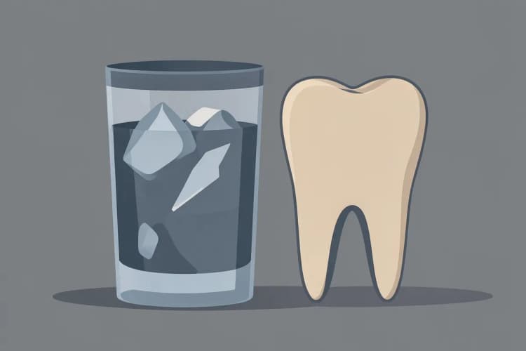 Um copo com água gelada e cubos de gelo ao lado de um dente de acrílico, simbolizando a sensibilidade ao frio