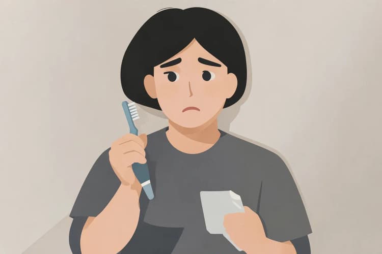 Uma pessoa segurando uma escova de dentes e um tubo de pasta de dente com um sorriso preocupado