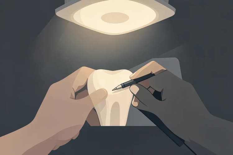 Um dente sendo examinado com um espelho odontológico e uma sonda.