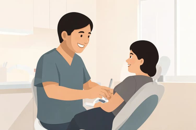 Um dentista sorrindo e conversando com um paciente em uma cadeira odontológica.