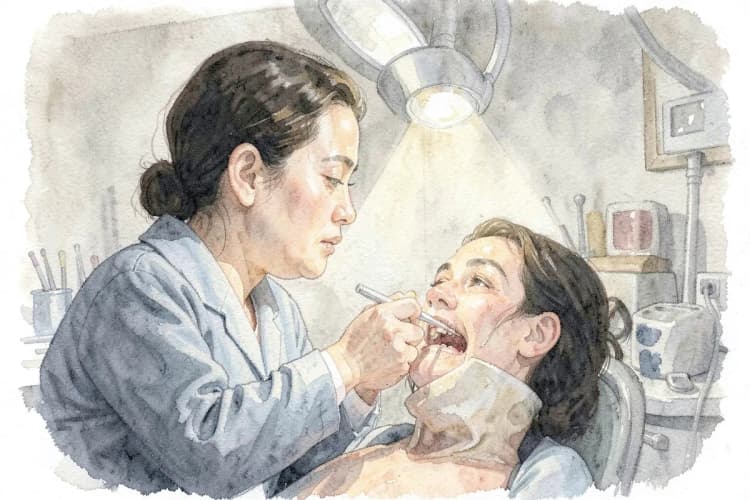 Odontologista examinando um dente com cárie profunda usando espelho e sonda.
