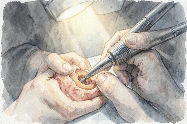 Passo a passo da restauração de dente com cárie profunda, mostrando a remoção da cárie e a aplicação do material restaurador.