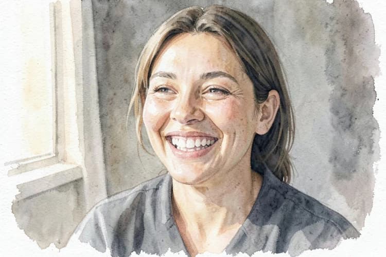 Paciente sorrindo após restauração dentária, mostrando o dente recuperado.