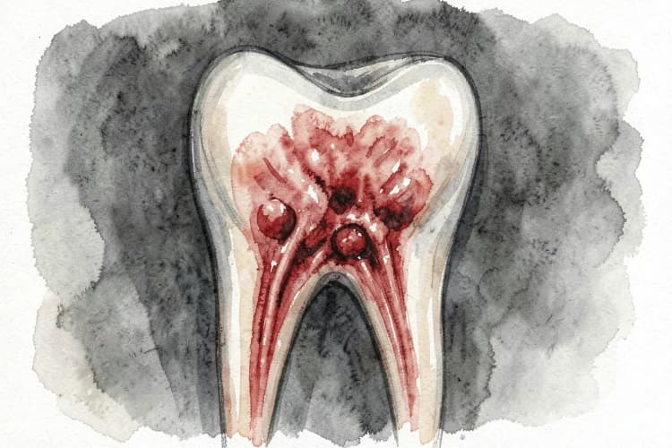 Raiz de dente inflamada e infeccionada devido a cárie profunda não tratada.