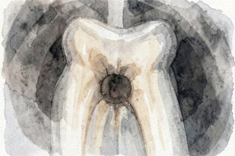 Radiografia de dente com cárie profunda atingindo a polpa.