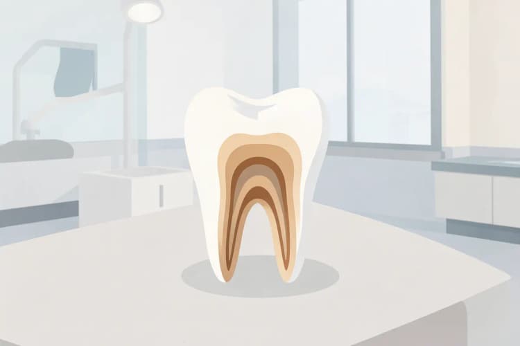 Um dente com a raiz exposta e um instrumento odontológico fino entrando nele, em close-up.