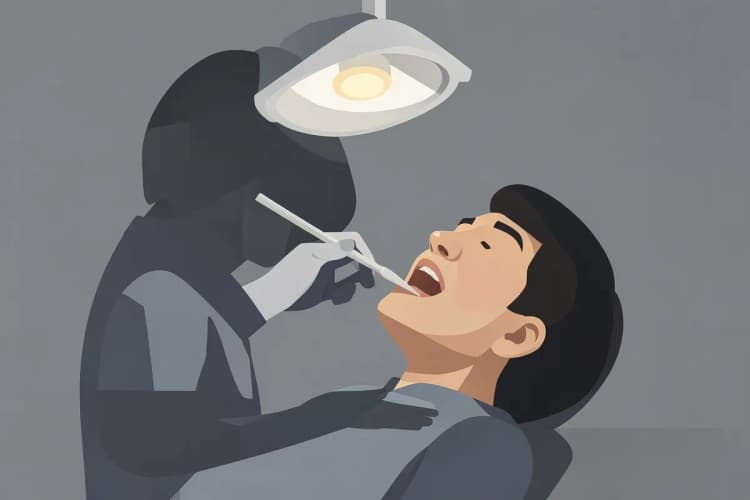Um dentista examinando a boca de um paciente com um espelho odontológico.