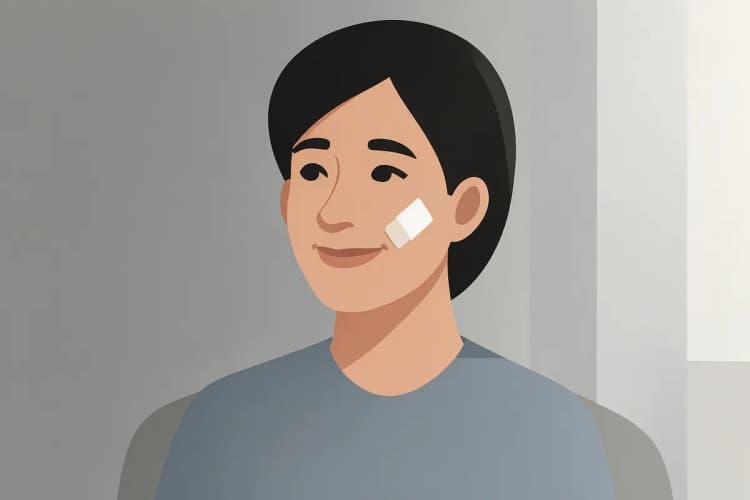 Um paciente sorrindo com um curativo no dente, com expressão de alívio.
