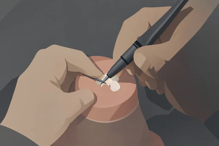 Um dentista trabalhando em um dente com instrumentos finos e um pequeno motor.