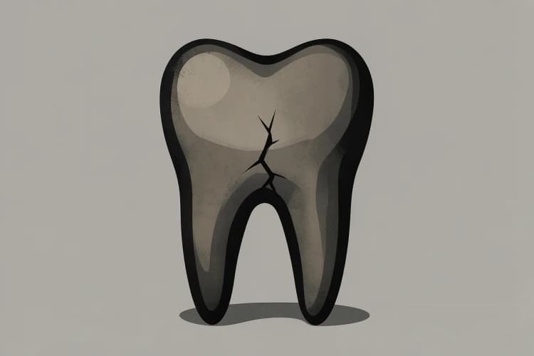 Um dente cariado e escurecido, com uma rachadura visível.