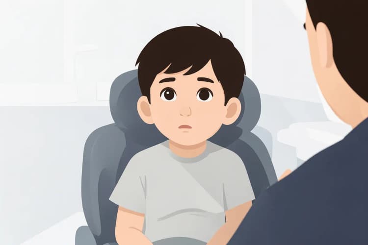 Uma criança sentada em uma cadeira de dentista, olhando curiosa para o dentista.