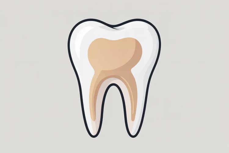 Um dente humano em seção transversal, mostrando a polpa e os canais radiculares.