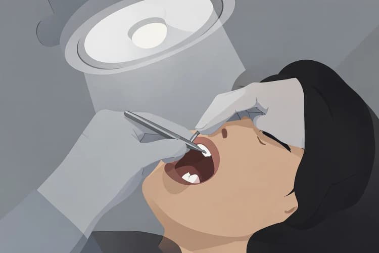 Close-up de um dentista examinando a boca de um paciente com uma pequena lanterna em um ambiente de emergência