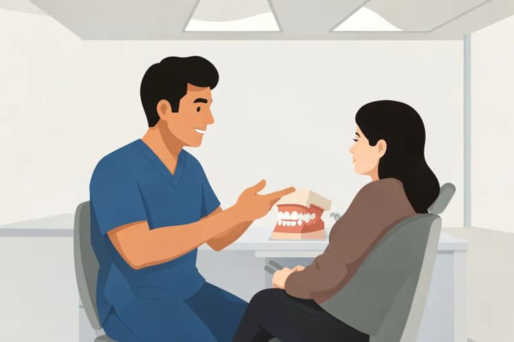 Profissional de saúde explicando um procedimento a um paciente em uma sala de emergência odontológica