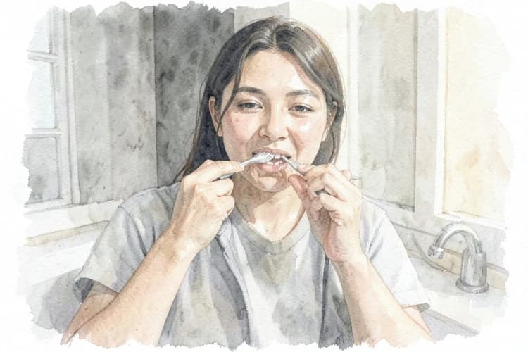 Pessoa escovando os dentes cuidadosamente com um fio dental.
