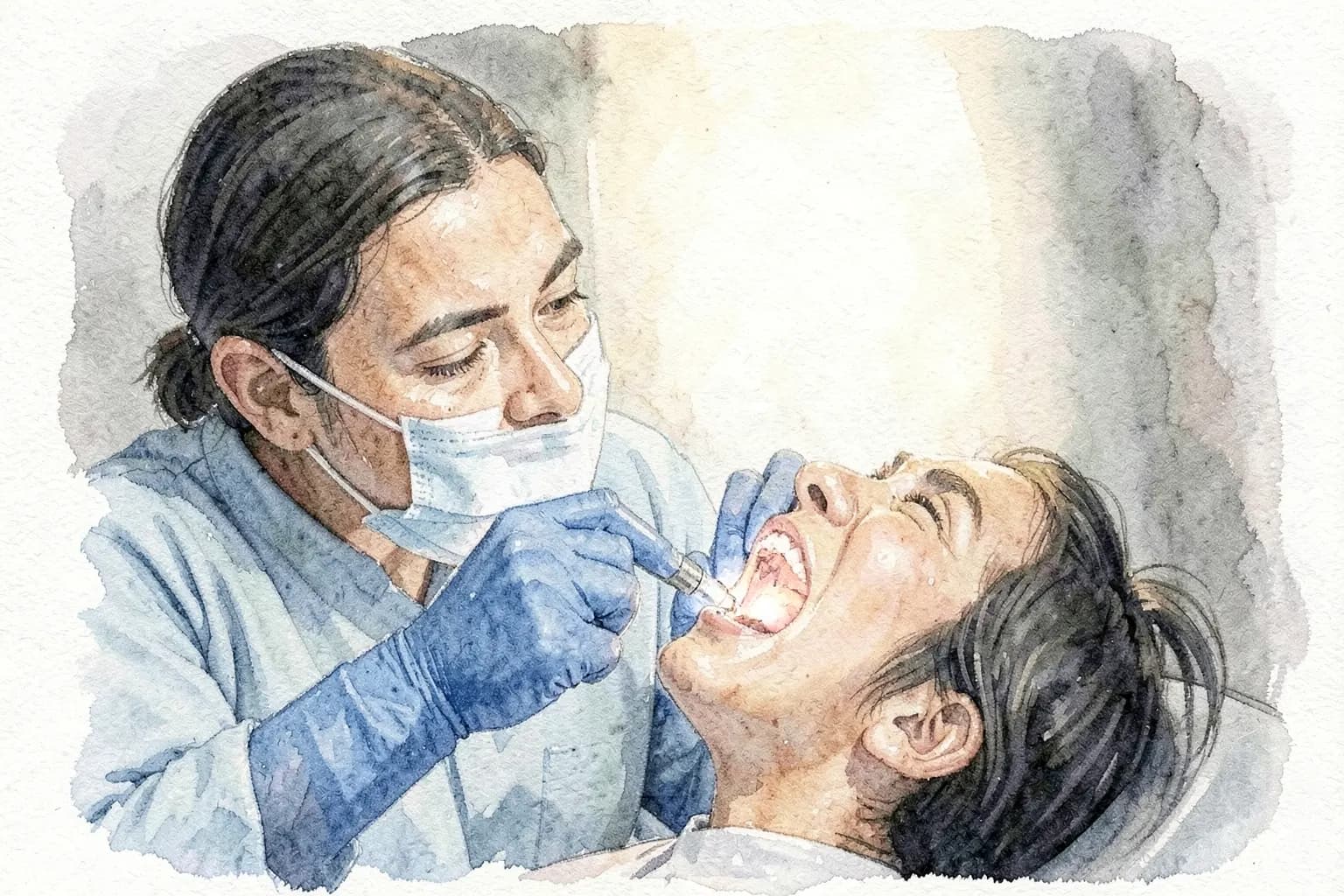 Dentista examinando a boca de um paciente com uma pequena lanterna.