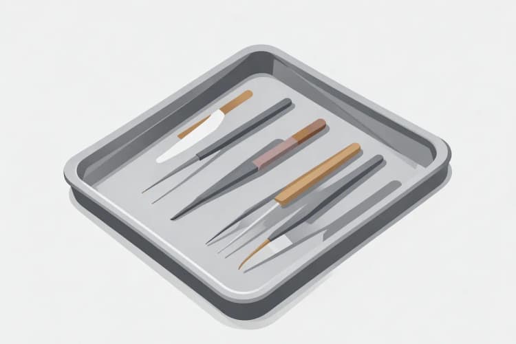 Instrumentos odontológicos alinhados sobre uma bandeja
