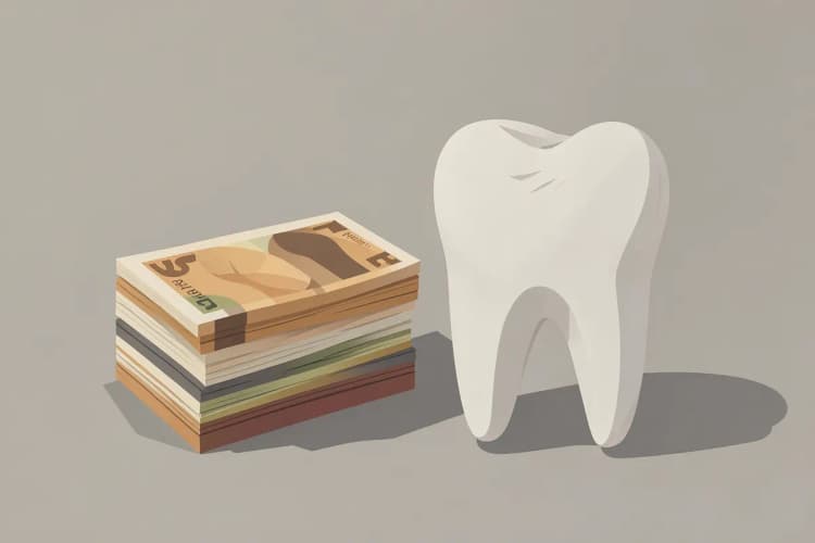 Notas de dinheiro empilhadas ao lado de um modelo de dente