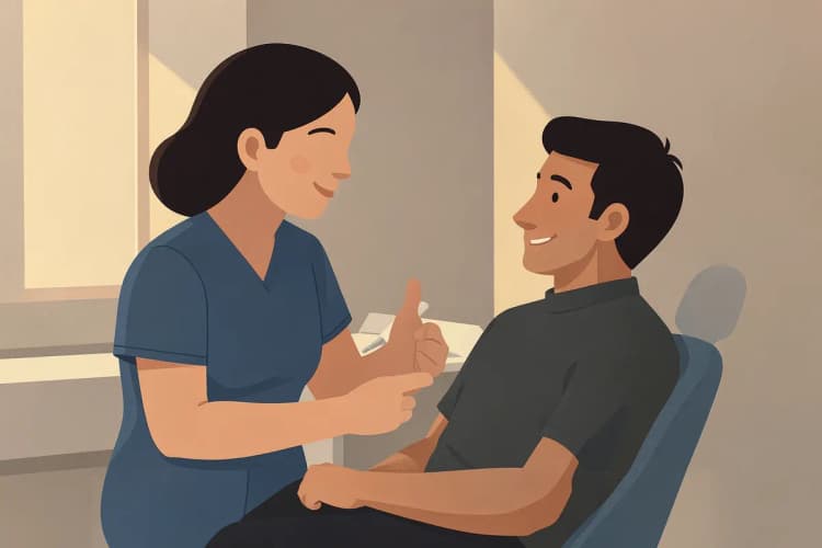 Dentista explicando procedimento para paciente sorrindo