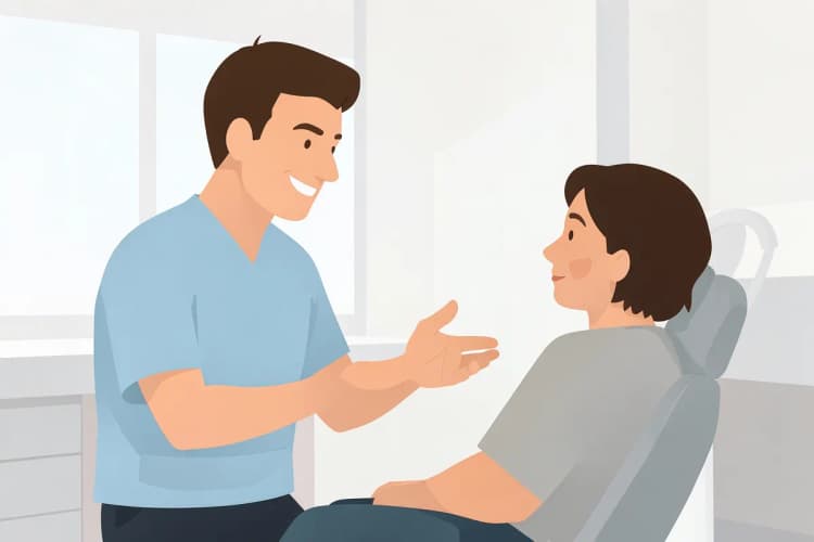 Dentista sorrindo e gesticulando em direção a um paciente.