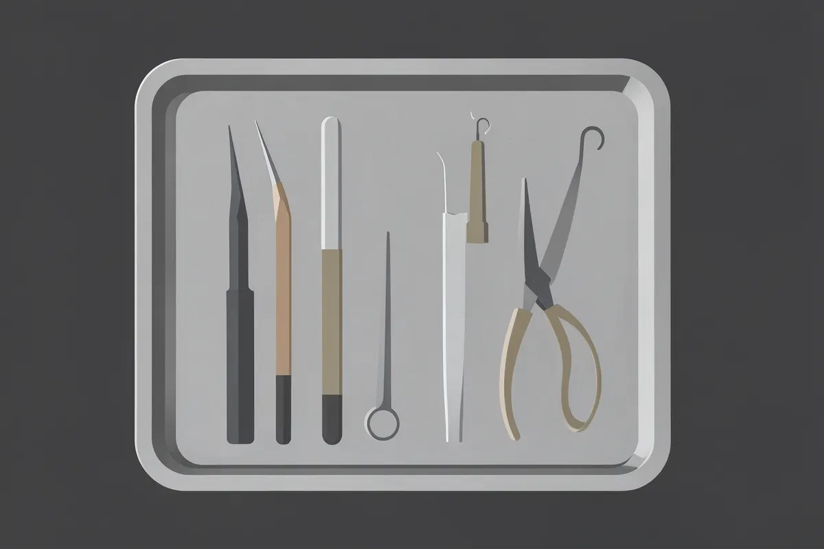 Instrumentos odontológicos organizados em uma bandeja para procedimento.
