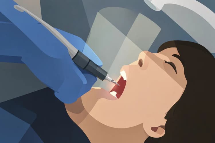Mão de dentista segurando uma broca odontológica perto de um dente.