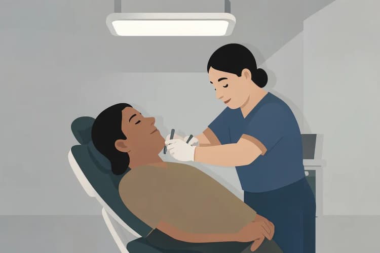 Paciente em sala de emergência odontológica recebendo atendimento.