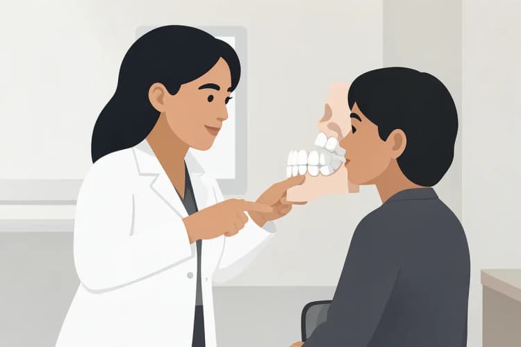 Odontologista mostrando um modelo de dente para um paciente.