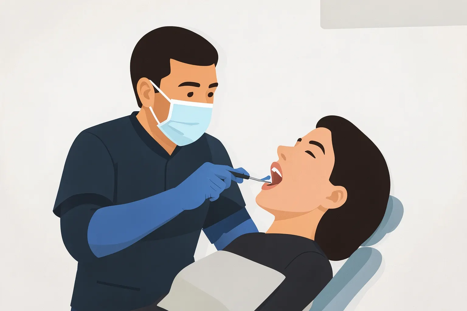 Dentista examinando a boca de um paciente com um espelho e uma sonda.
