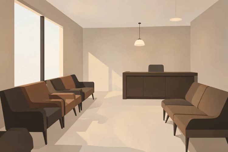 Interior de uma sala de espera de clínica odontológica com cadeiras confortáveis e iluminação suave.