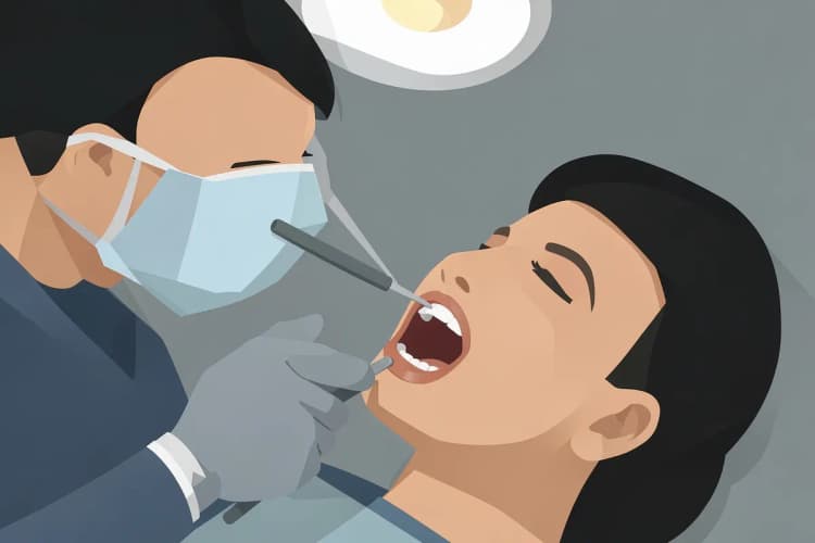 Dentista examinando a boca de um paciente com um espelho e uma sonda.