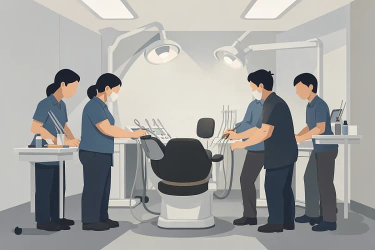 Equipe de dentistas em uma sala de procedimento com equipamentos modernos.