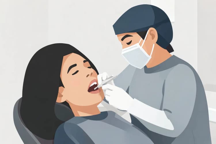 Paciente sendo atendido em uma cadeira odontológica com um profissional ao lado.