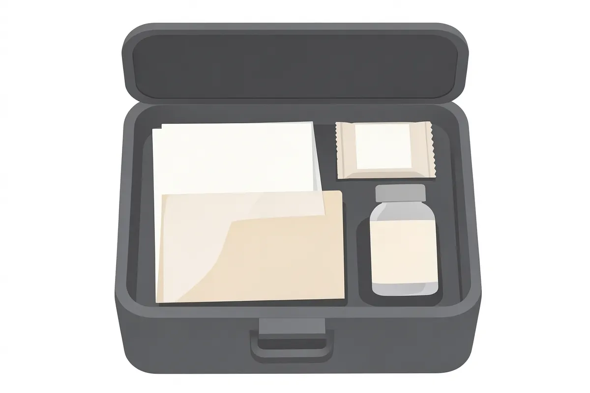 Close-up de um kit de primeiros socorros odontológicos com itens essenciais.