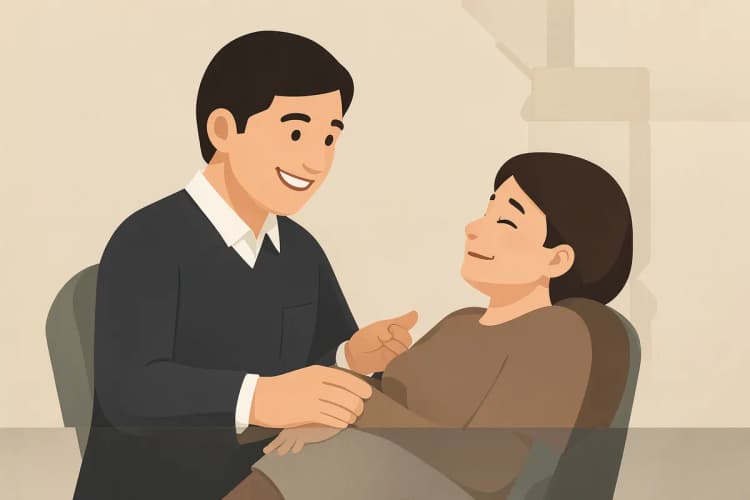 Dentista sorrindo para um paciente após um procedimento bem-sucedido.