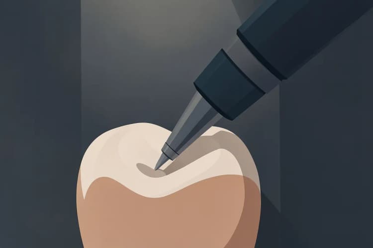 Close-up de um dente sendo tratado com instrumentos odontológicos em um consultório.
