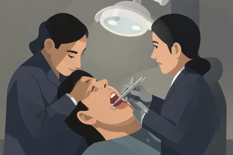 Dentista realizando procedimento de canal em um paciente com foco na boca.