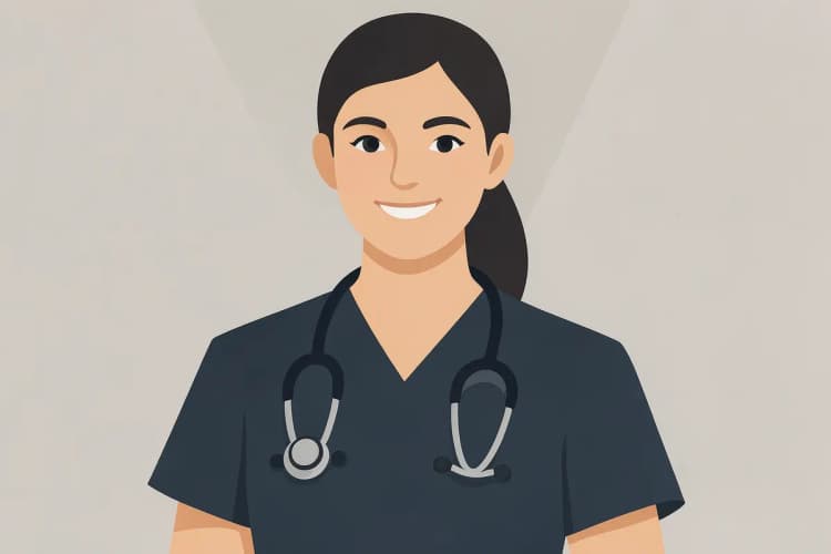 Profissional de saúde em uniforme de plantão 24h, com estetoscópio e sorriso.