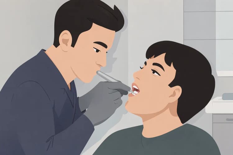 Dentista examinando a boca de um paciente com uma sonda exploratória.