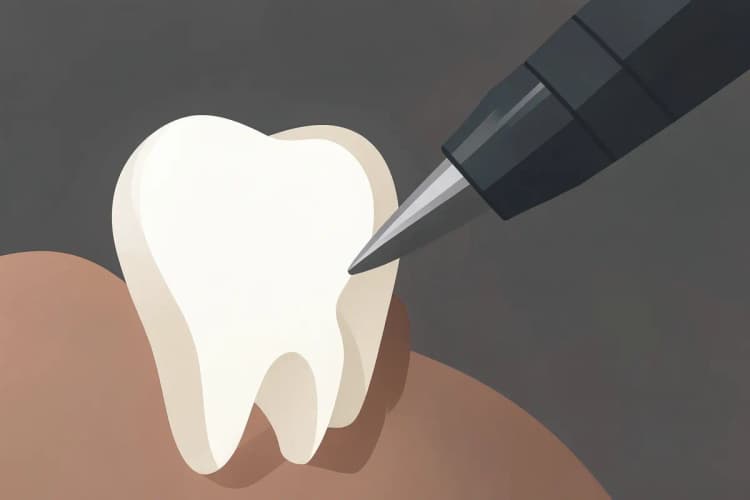 Close-up de um dente com uma broca de dentista se aproximando