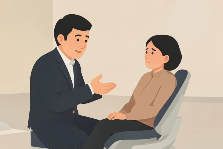 Dentista explicando o procedimento para um paciente apreensivo