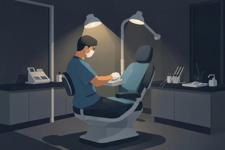 Odontologista trabalhando em um consultório moderno à noite