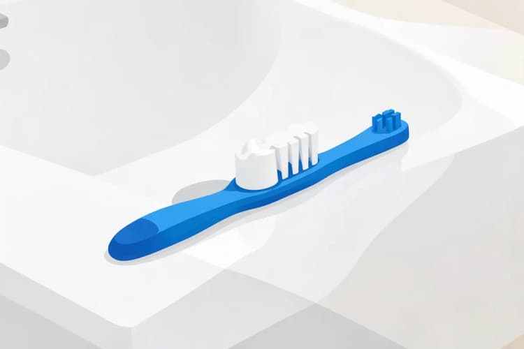 Close-up de uma escova de dentes com cerdas azuis e creme dental branco em uma pia de banheiro.