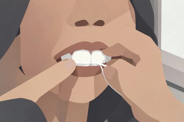 Pessoa usando fio dental para limpar os dentes em um banheiro com luz natural.